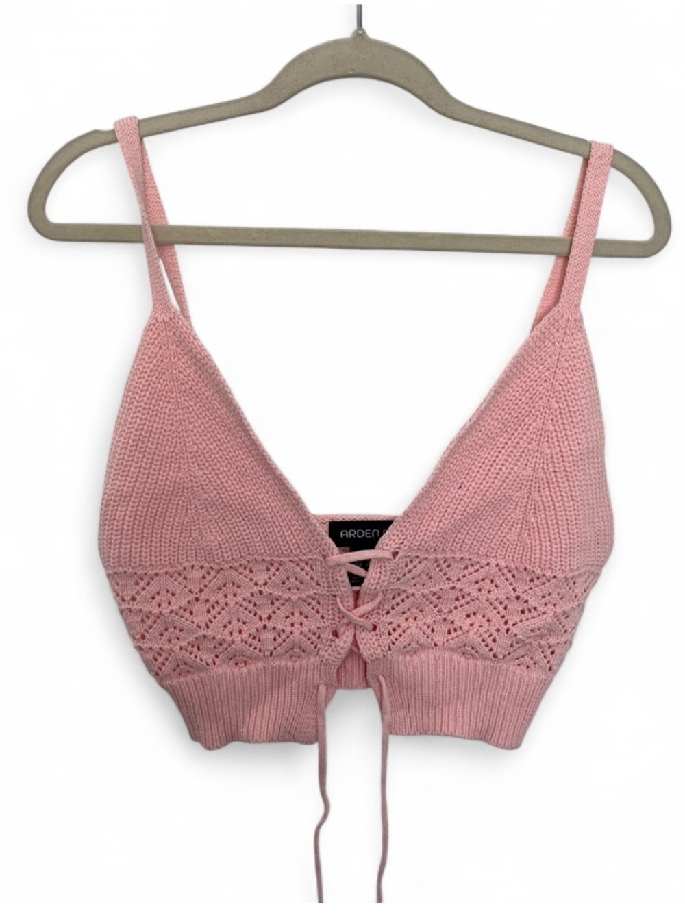 Arden B Soft Pink Knit Crochet Lace-Up Cropped Tank Top